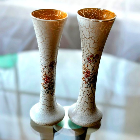 Accents Vintage Pair White Gold Floral Crackle Paint Glass Bud Vase